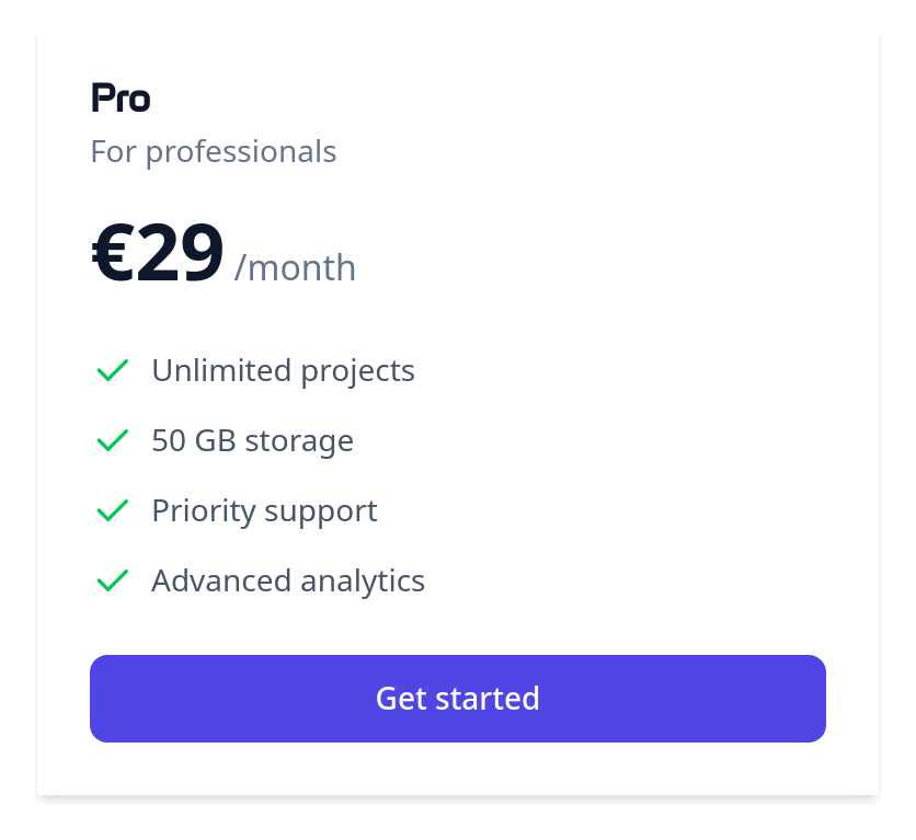 Screenshot of Card Pricing Simple template