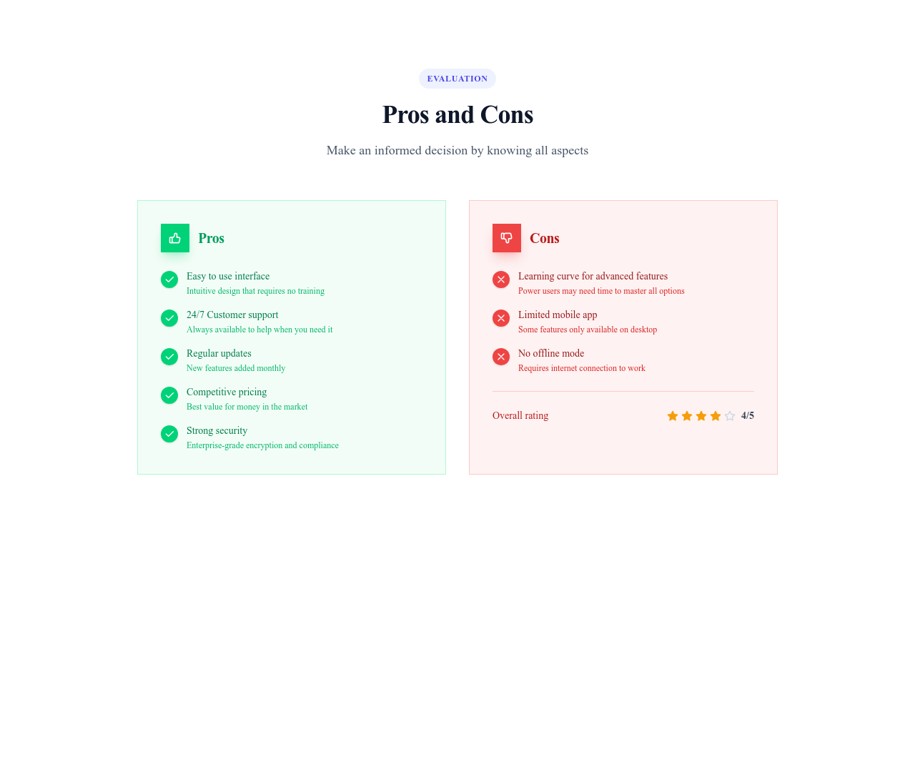 Screenshot of Comparison Pros/Cons template