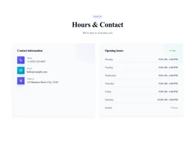 Screenshot of Contact Info With Hours template