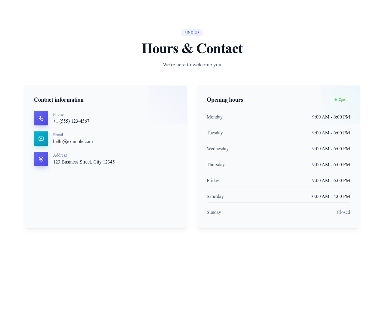 Screenshot of Contact Info With Hours template