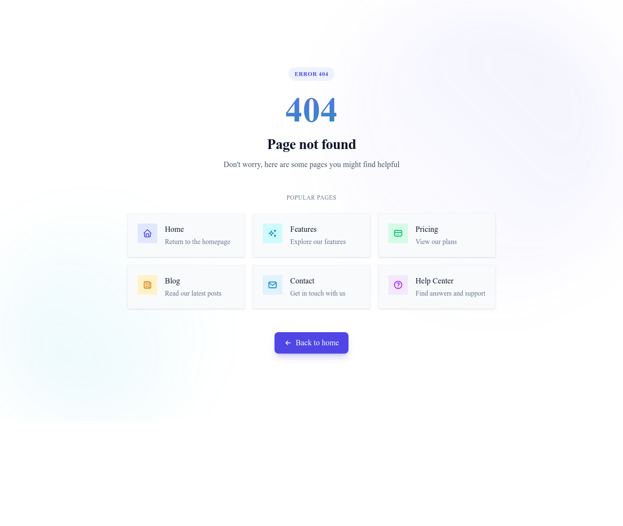 Screenshot of Error 404 with Suggestions template