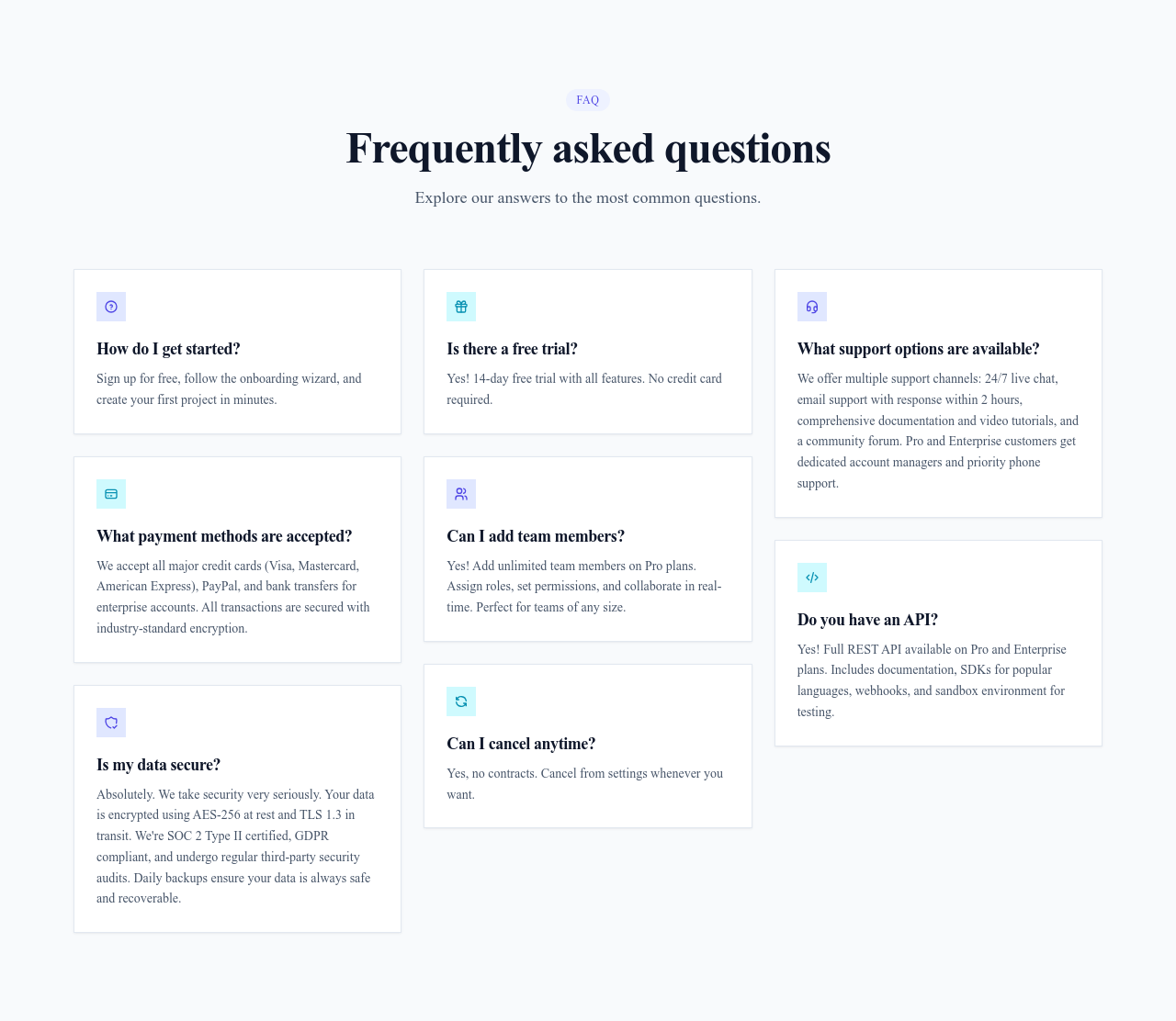Screenshot of FAQ Masonry template