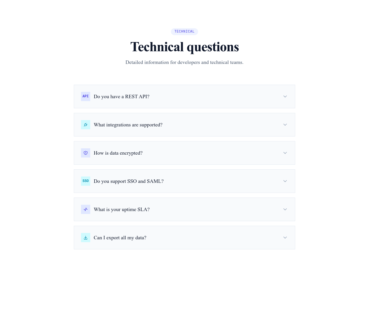 Screenshot of FAQ Section Technical template