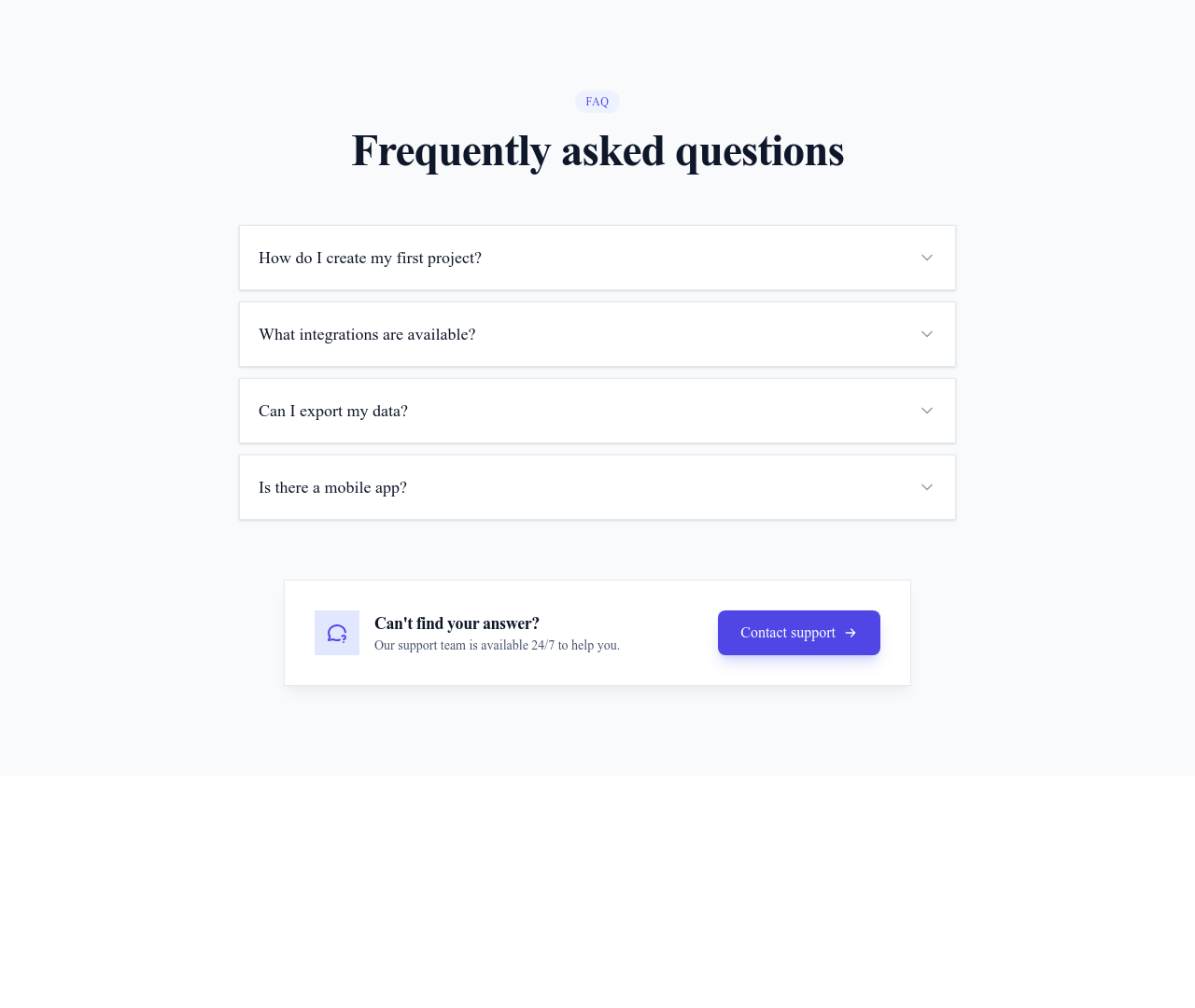 Screenshot of FAQ Section with CTA template