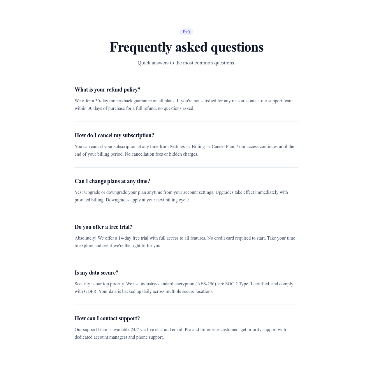 Screenshot of FAQ Simple List template