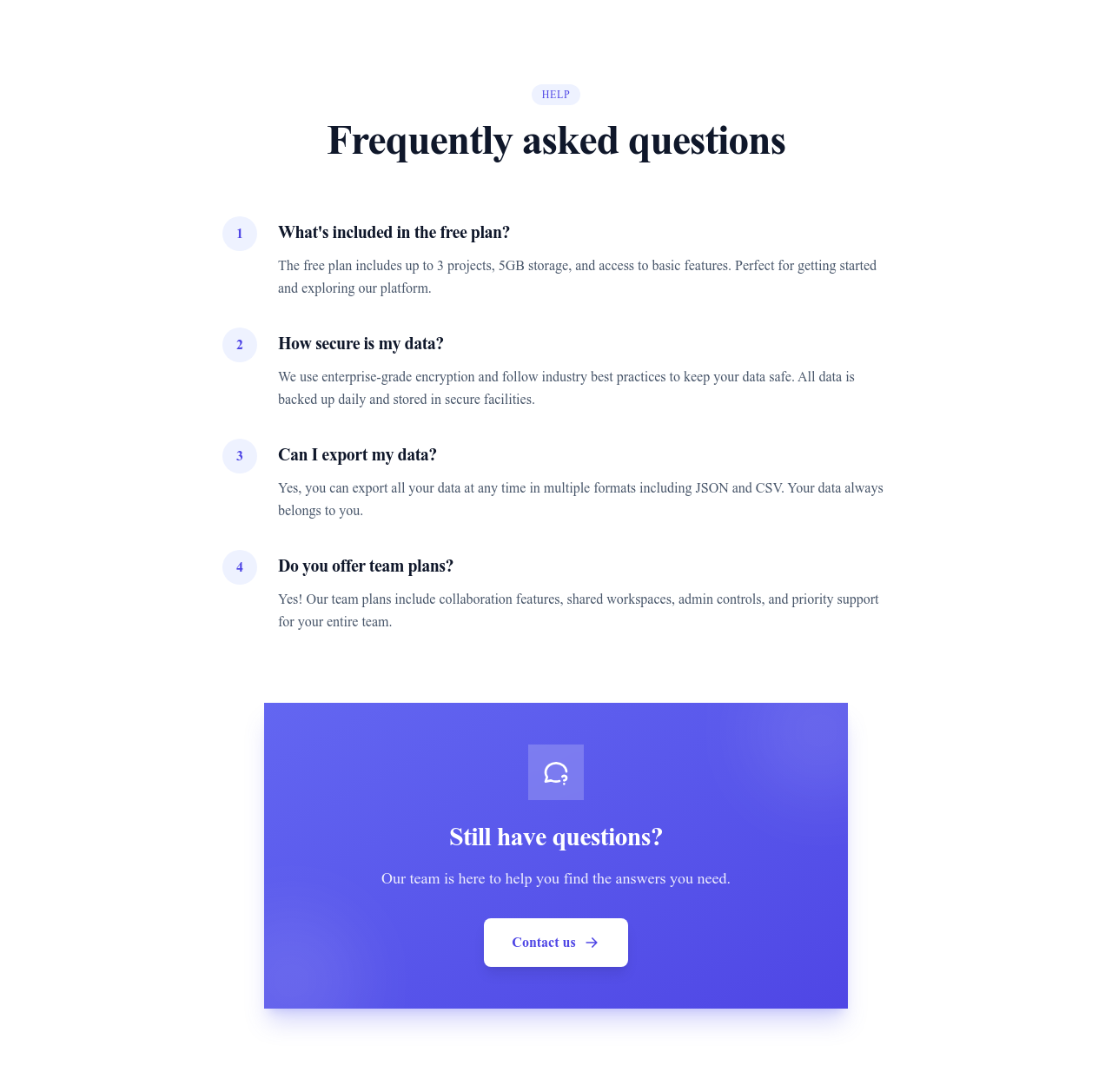 Screenshot of FAQ with Contact template