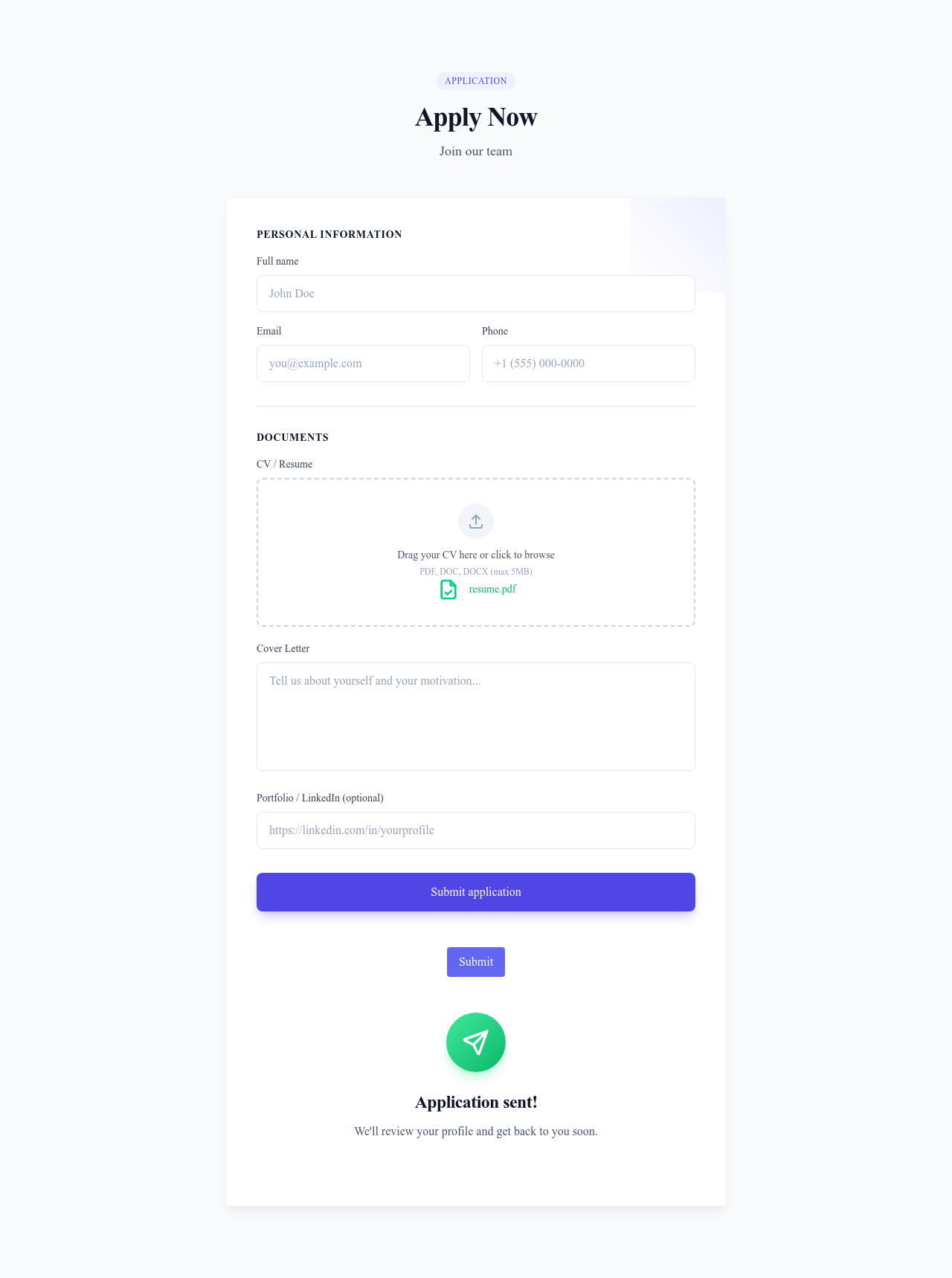 Screenshot of Form Application template