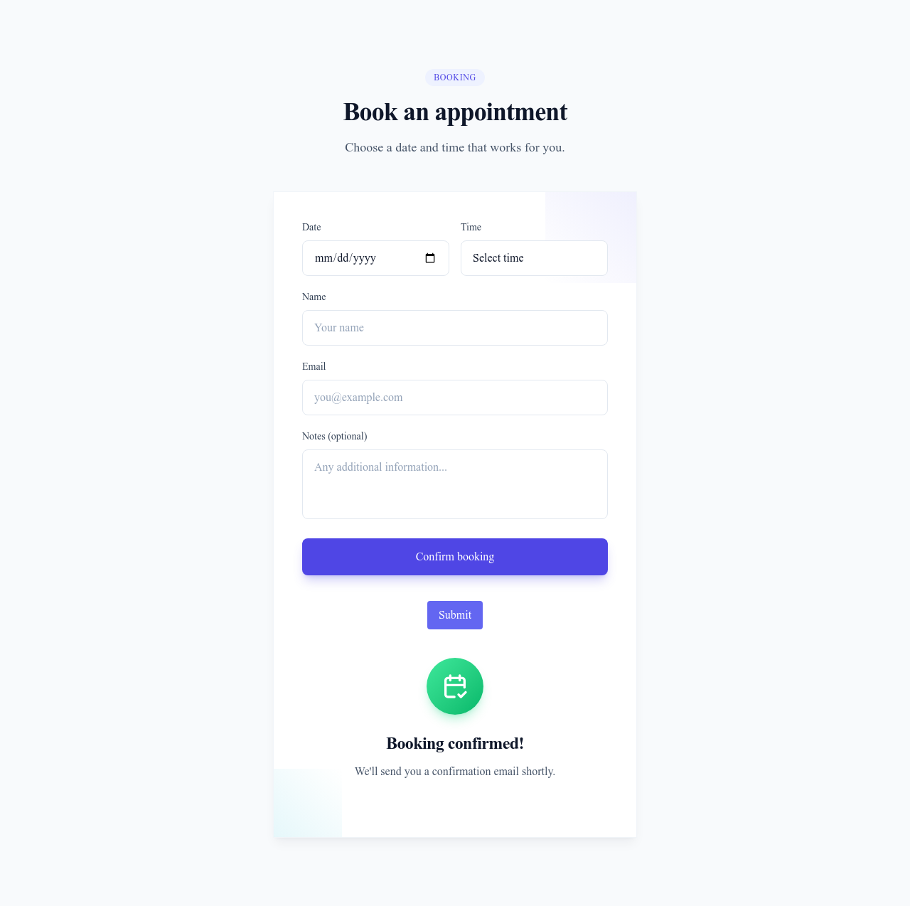 Screenshot of Form Booking template