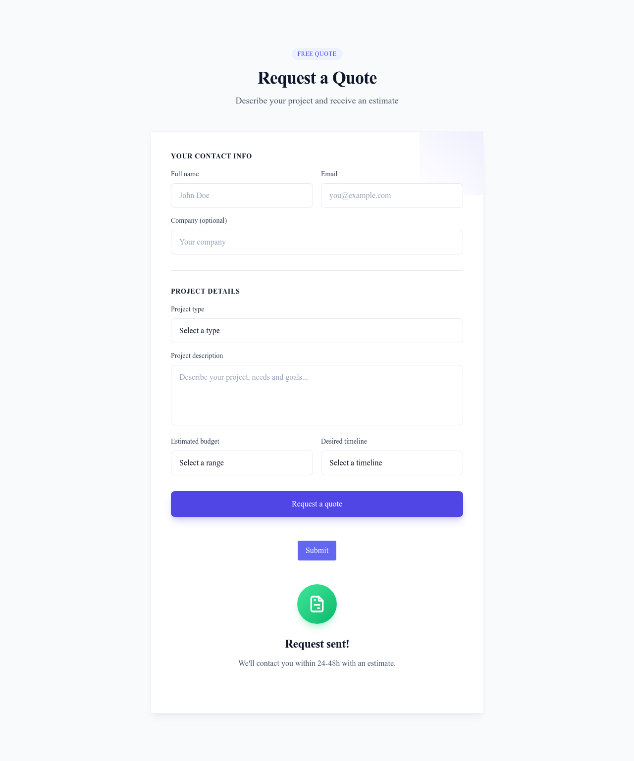 Screenshot of Form Quote Request template