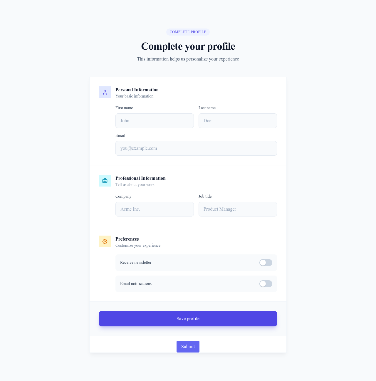 Screenshot of Form Sections template