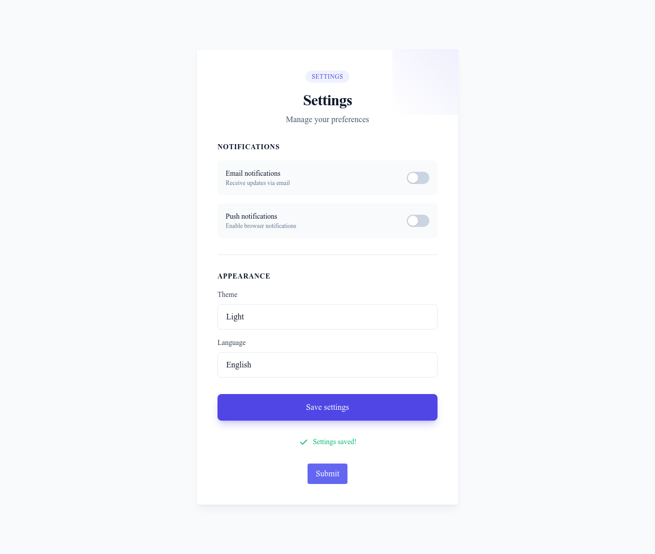Screenshot of Form Settings template