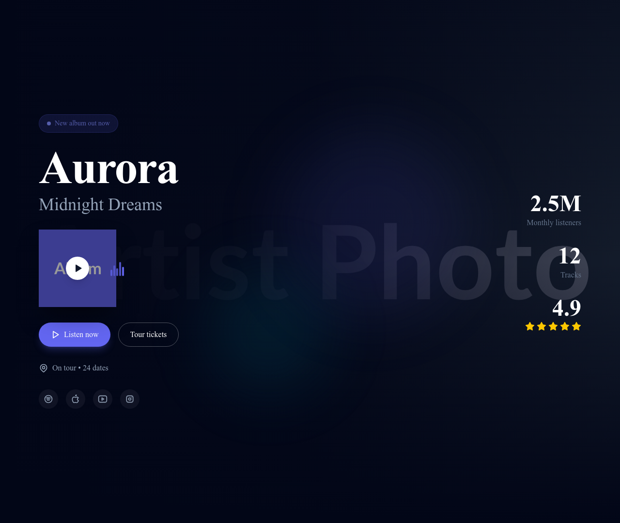 Screenshot of Hero Music Artist template