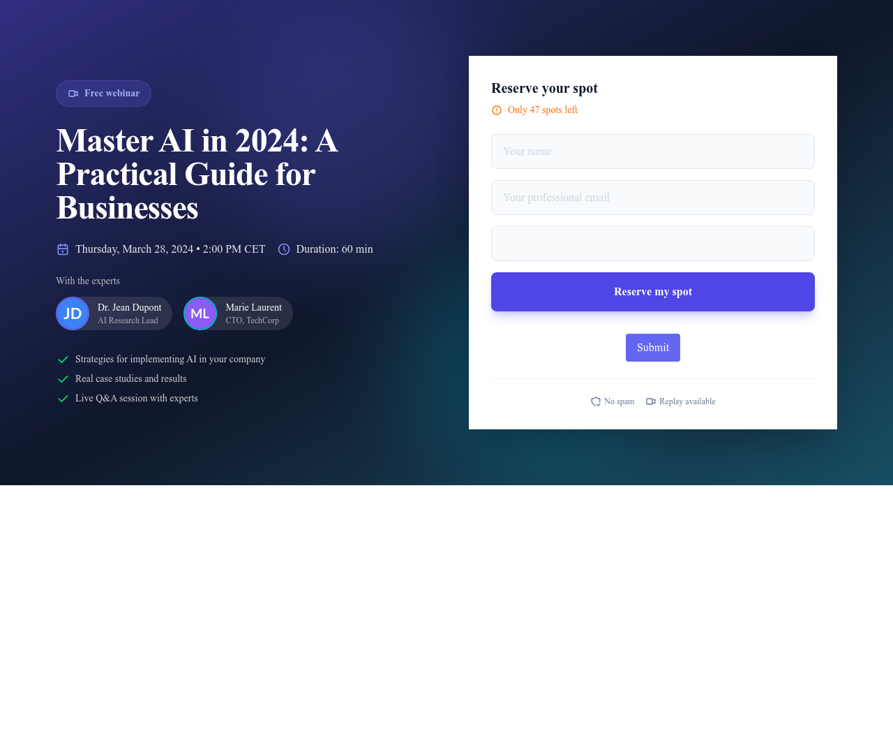 Screenshot of Hero Webinar Registration template