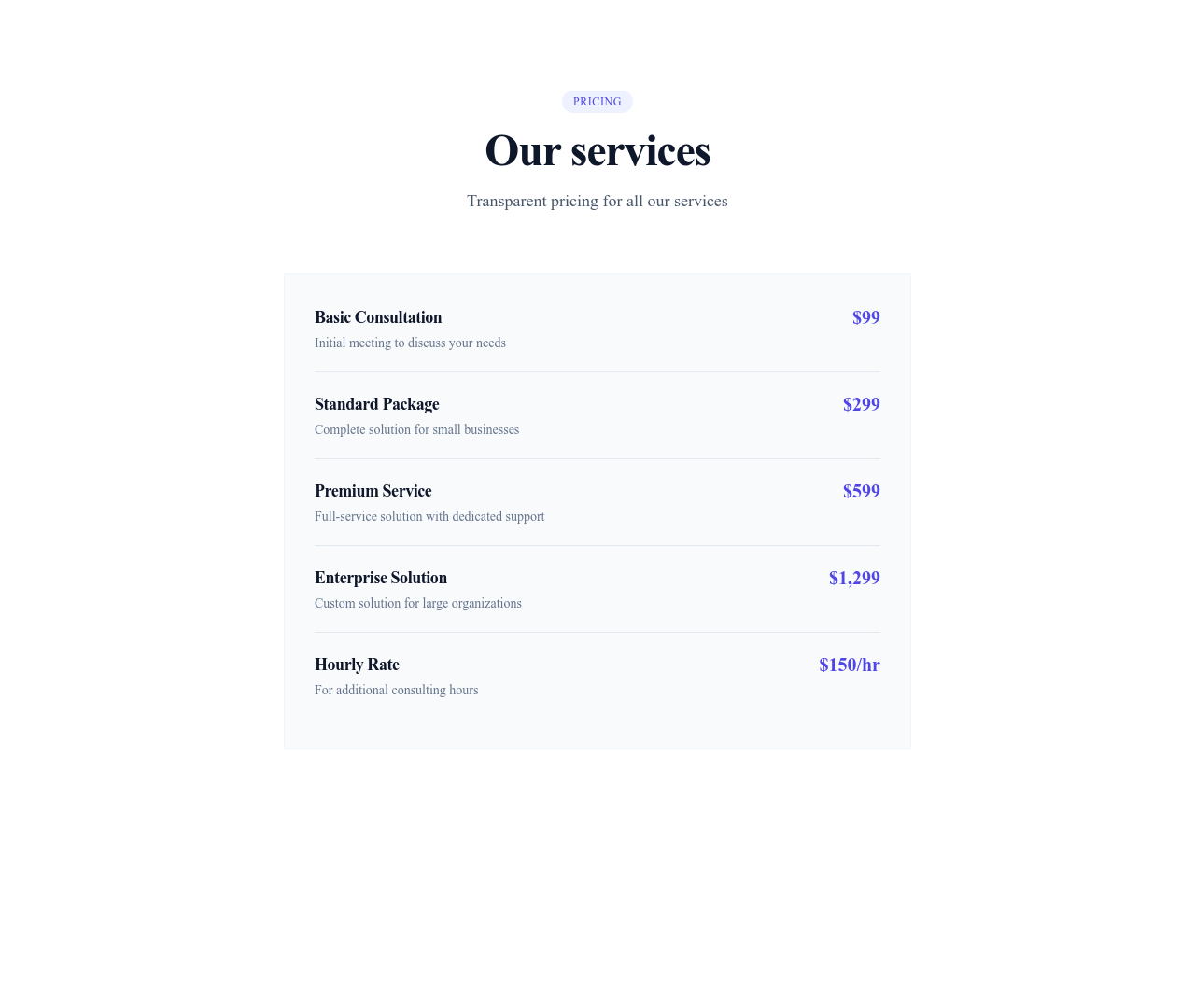 Screenshot of List Detailed Price template