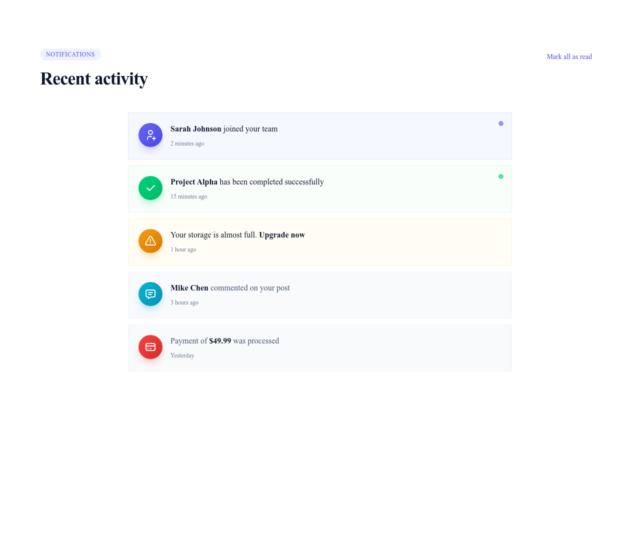 Screenshot of List Notifications template