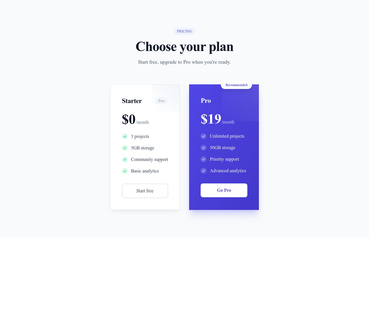Screenshot of Pricing Cards 2 Tiers template