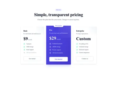 Screenshot of Pricing Cards 3 Tiers template