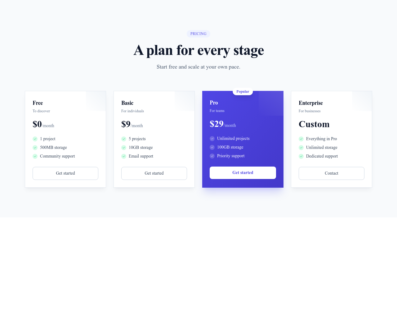 Screenshot of Pricing Cards 4 Tiers template