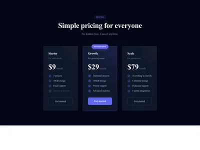 Screenshot of Pricing Cards Dark template