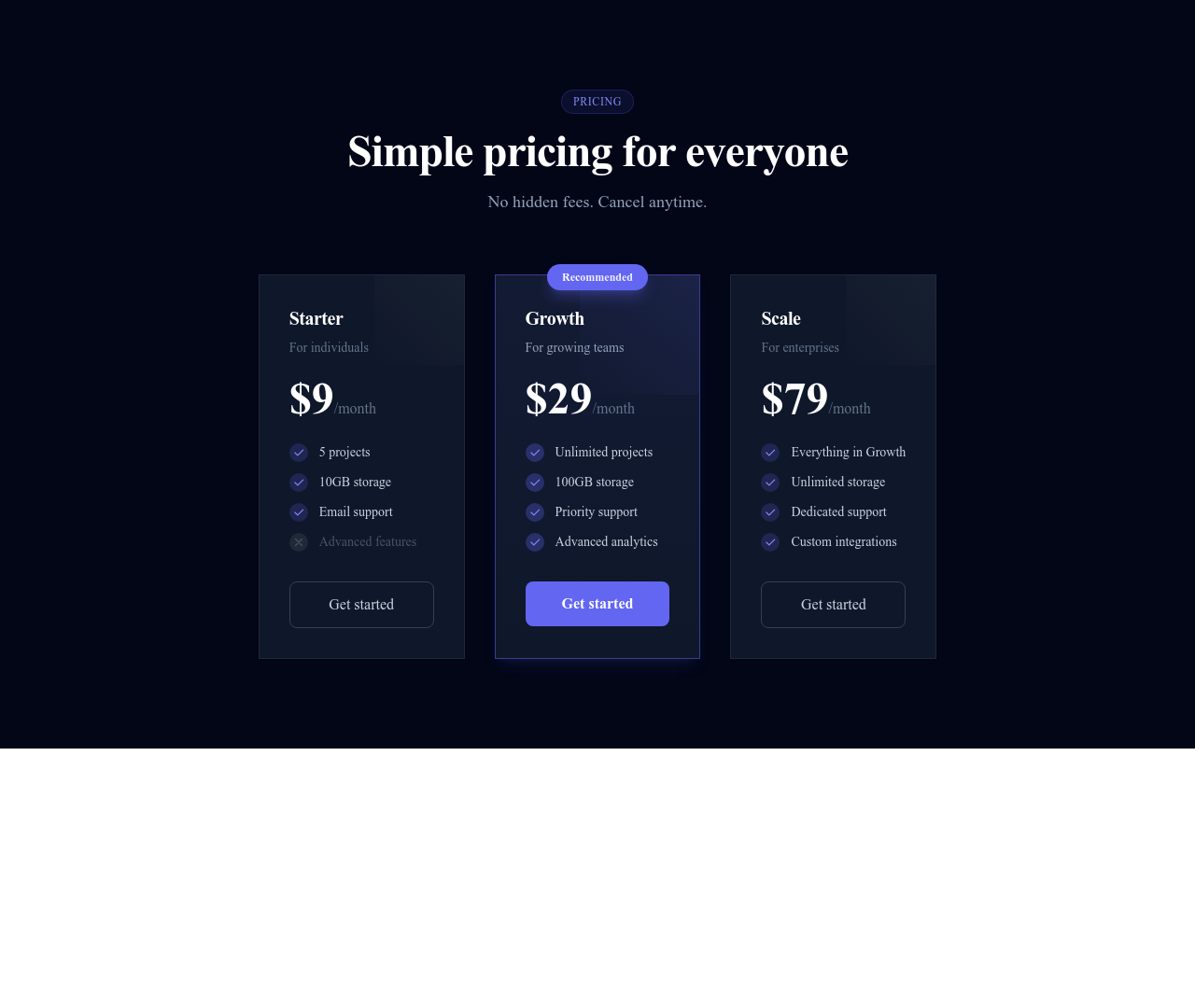 Screenshot of Pricing Cards Dark template