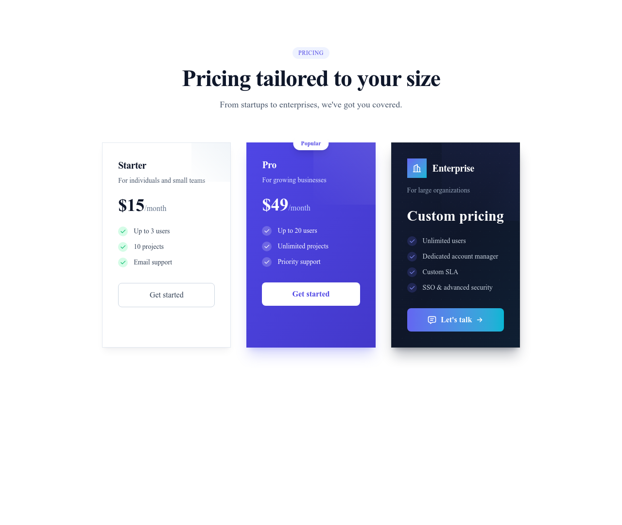 Screenshot of Pricing Cards Enterprise Contact template