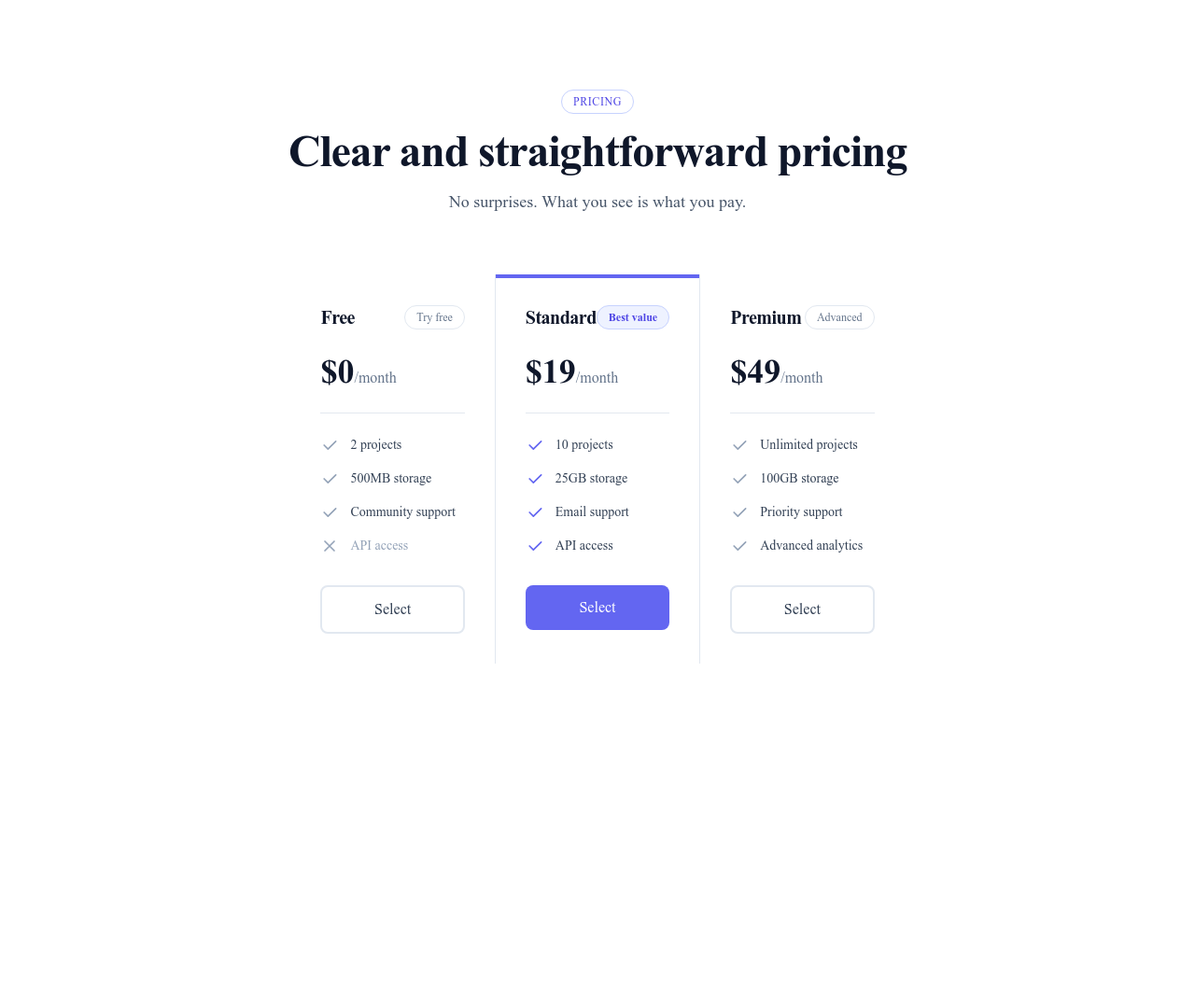 Screenshot of Pricing Cards Flat template