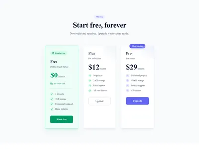Screenshot of Pricing Cards Free Tier template