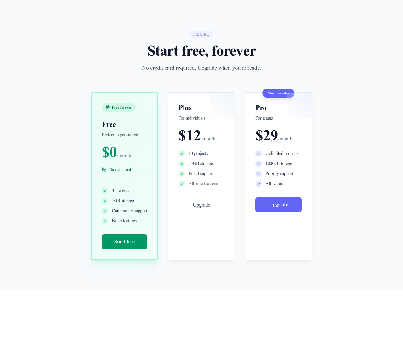 Screenshot of Pricing Cards Free Tier template