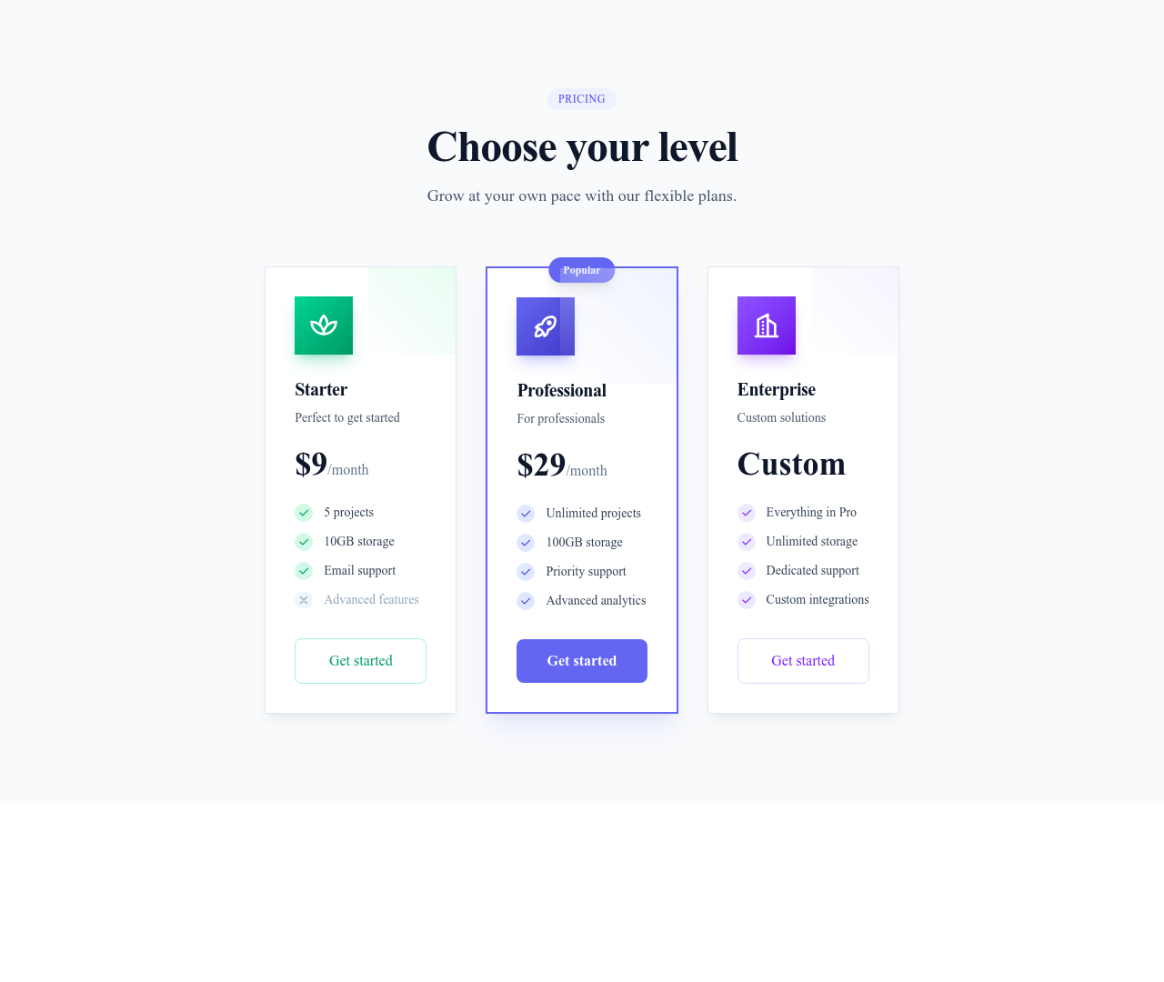Screenshot of Pricing Cards Icons template