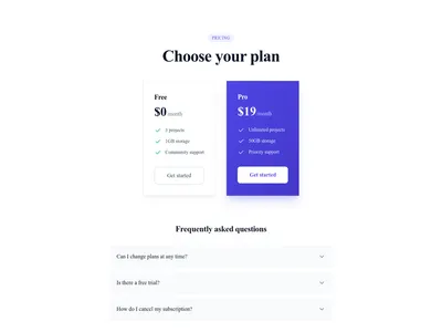 Screenshot of Pricing Section with FAQ template