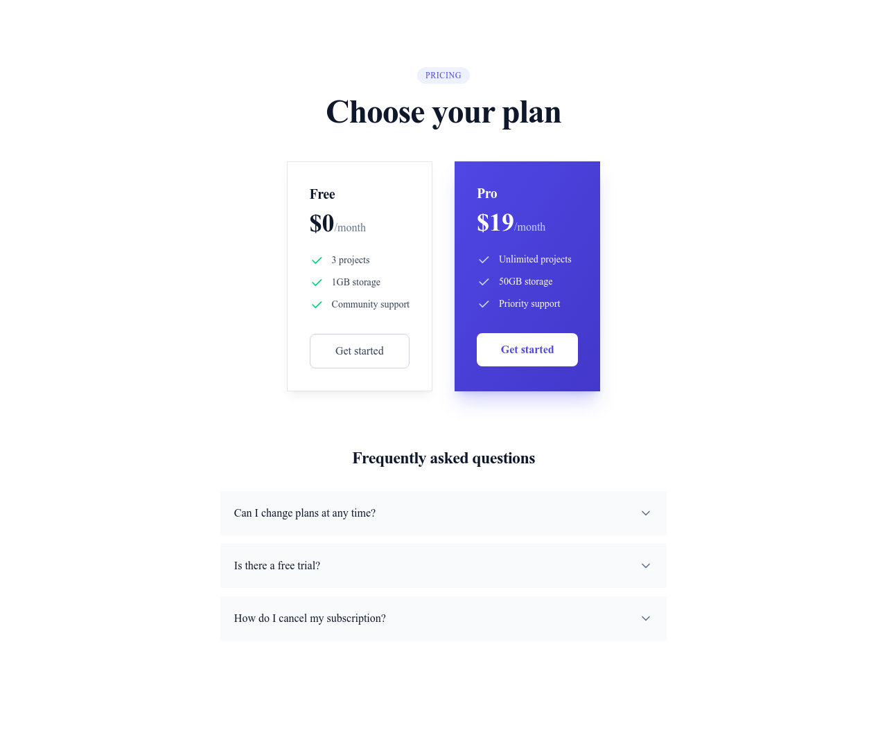 Screenshot of Pricing Section with FAQ template