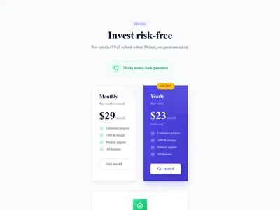 Screenshot of Pricing Section with Guarantee template