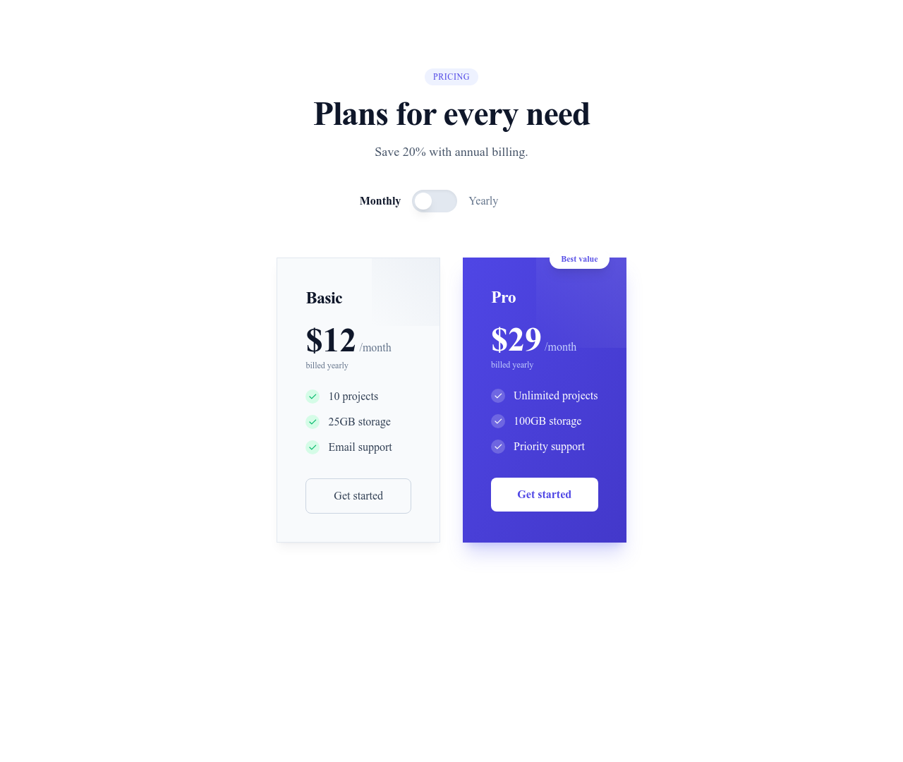 Screenshot of Pricing with Toggle template