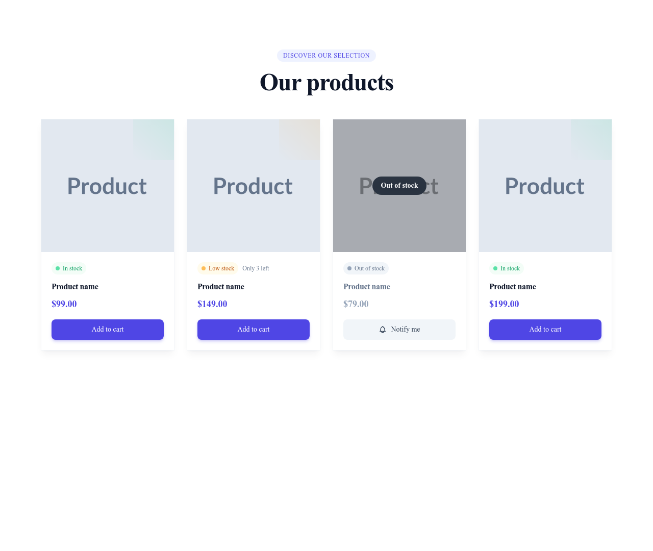 Screenshot of Product Cards with Stock Status template