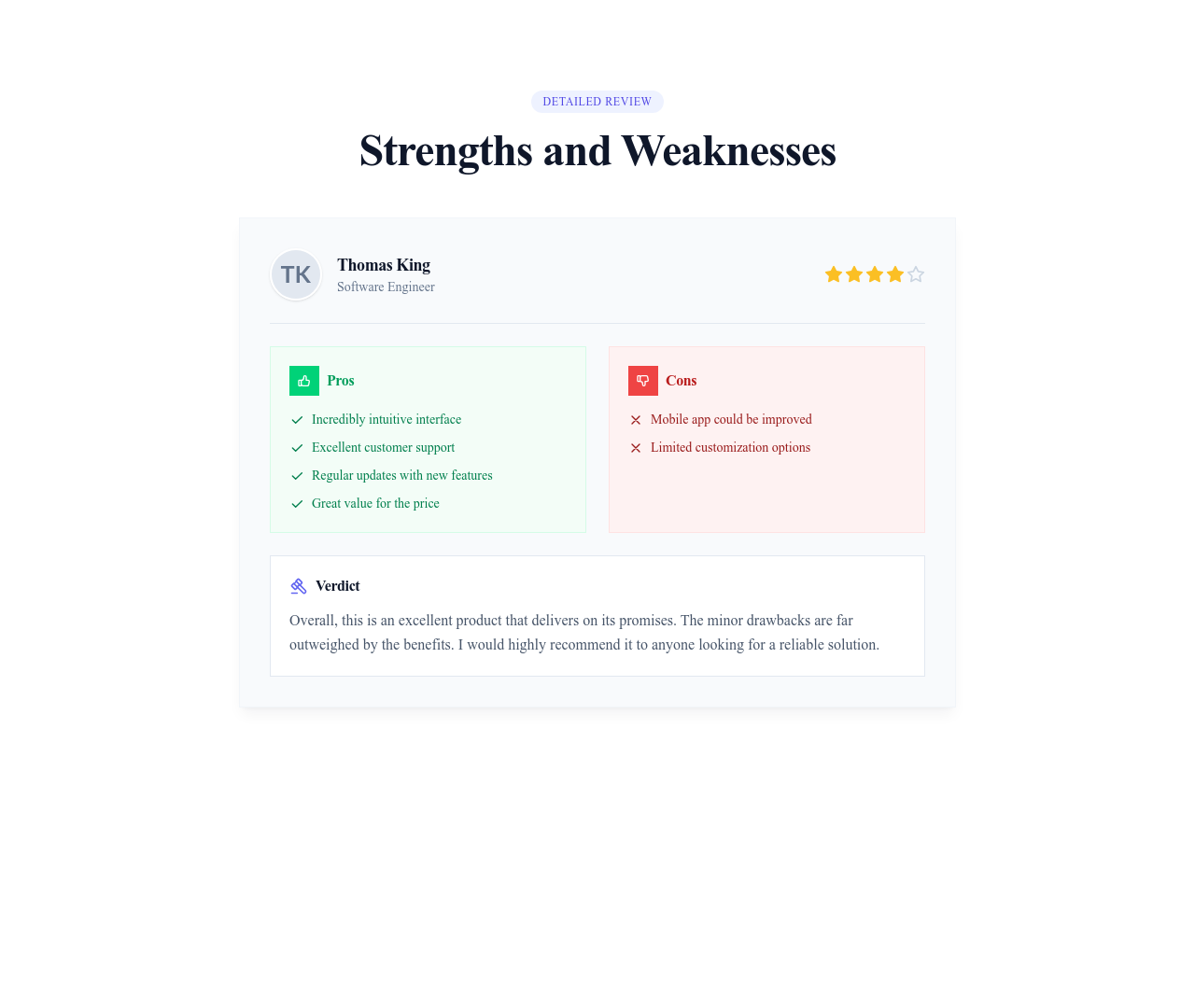 Screenshot of Reviews Pros Cons template