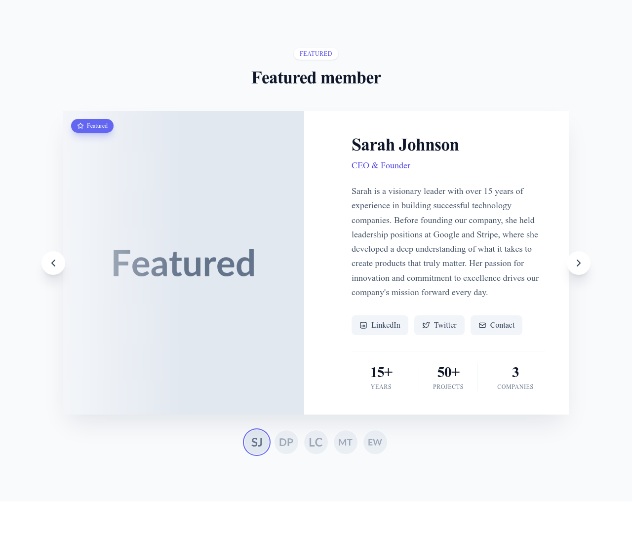 Screenshot of Team Featured Single template