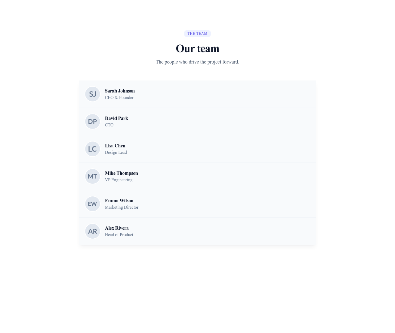 Screenshot of Team List Compact template