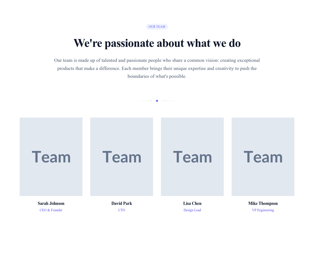 Screenshot of Team Section with Intro template
