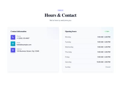 Screenshot of Contact Info With Hours template
