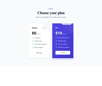 Screenshot of Pricing Cards 2 Tiers template