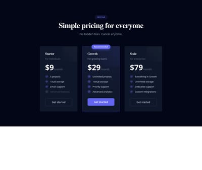 Screenshot of Pricing Cards Dark template