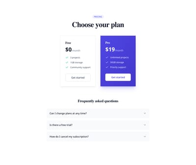 Screenshot of Pricing Section with FAQ template