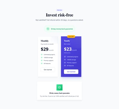 Screenshot of Pricing Section with Guarantee template