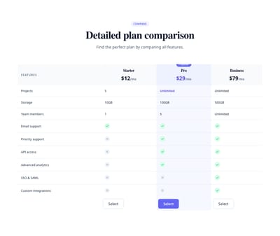 Screenshot of Pricing Table Comparison template