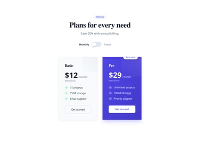 Screenshot of Pricing with Toggle template