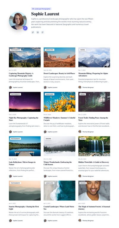 Cards Masonry - blog author page preview