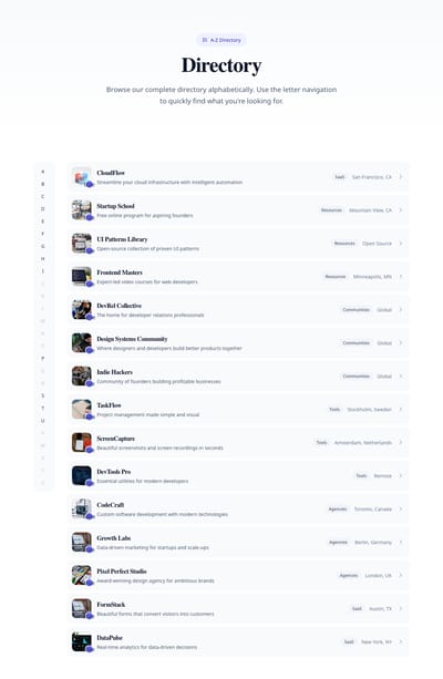 List Alphabetical - directory index page preview