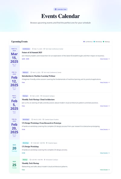 Modern Events - events index page preview
