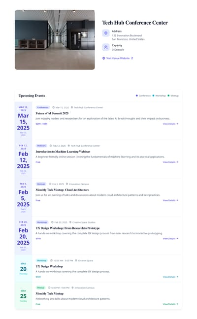 Modern Events - events venue page preview