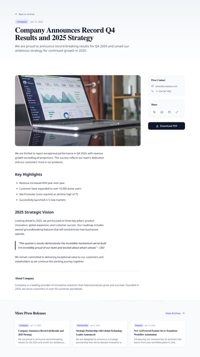 Media Kit - press release page preview